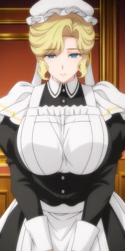 <lyco:Maria_VMV3:0.7>, Maria_VM, huge_breasts, standing, solo, VIctorian_Maid_Uniform, masterpiece, best quality, detailed face, detailed eyes, highres,