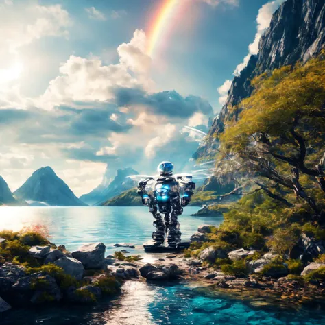 outside Organic Ship in Fjord, Overcast sky Weather Sunny sky at Early evening, multiple boys, Adult Athletic Porcelain colored Ocelot, (exosqueleton, mechanical part, robotic:1.2),
Medium Rainbow Bun haircut,
turquoise eyes, Taunting expression,
wearing Bohemian Gold Silk lingerie, Fighting, Neon Theme, Vintage Style, Landscape color guide, High Angle Shot, by mike kennedy, (best quality, highres, 4k, 8k, uhd, highly detailed, sharp, masterpiece, <lora:Add_Detail:0.7>)