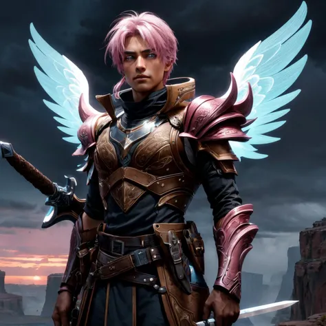 inside Contemporary Hospital in Canyon, Heavy downpour Weather Moonlit sky at Sunset, multiple boys, Mature Athletic Tanned colored <lora:Dawnbringer_Riven:0.65> dawnbringer riven, weapon, armor, wings,
Medium Red Dradlock haircut,
turquoise eyes, Sarcasm expression,
wearing Bohemian Pink Shift dress with Hairband and Sword, Offensive stance, Mystery Theme, Symbolist Style, Vintage color guide, Cowboy shot, by john k. snider, (best quality, highres, 4k, 8k, uhd, highly detailed, sharp, masterpiece, <lora:Add_Detail:0.7>)