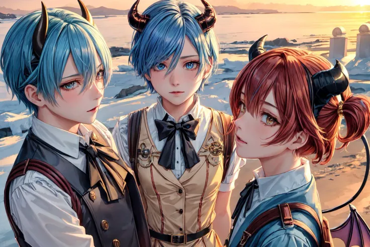 outside Neoclassical Kitchen in Tundra, Icy and freezing Weather Tranquil sky at Sunset, multiple boys, Adult Slim Bronze colored <lora:Rem_v1:0.65> rem, roswaal mansion maid uniform, short blue hair, (demon, demon tail, demon horns, demon wings:1.2),
Short Black Dradlock haircut,
yellow eyes, Worried expression,
wearing Stylish Brown Denim vest with Backpacks, Sunbathing, Sci-Fi Theme, Steampunk Style, Sunset color guide, Close-Up shot, by Mary Daisy Arnold, (best quality, highres, 4k, 8k, uhd, highly detailed, sharp, masterpiece, <lora:Add_Detail:0.7>)