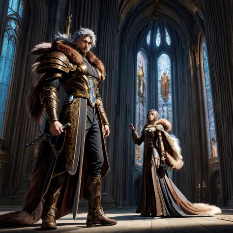 inside Mediterranean Cathedral in Mountain, Aurora borealis Weather Radiant sky at Daybreak, 1girl and 1boy, Adult Athletic Bronzed  colored <lora:Dawnbringer_Riven:0.65> dawnbringer riven, weapon, armor, wings, (werewolf, fangs, fur, tail:1.2), 
Shaved Chestnut Mohawk haircut,
grey eyes, Sneer expression,
 wearing Dapper Beige Maxi dress with Hairclips and Handbags, Reclining, Sci-Fi Theme, Baroque Style, Warm color guide, Upper body shot, by john picacio, (best quality, highres, 4k, 8k, uhd, highly detailed, sharp, masterpiece, <lora:Add_Detail:0.7>)