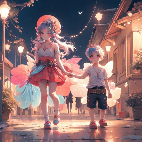outside Romanesque Apartment in Candyland, Cold and frosty Weather Serene sky at Midnight, 1girl and 1boy, Adult Athletic Fair colored <lora:Cute animal fairies:0.65> cinsdia, fairy,
Shaved Rainbow Braid haircut,
red eyes, Contemplative expression,
wearing Stylish Charcoal Shorts and tank top with Fabric belt and Handbags, Flying, Fantasy Theme, Vintage Style, Sunset color guide, Medium Shot, by Alice Bailly, (best quality, highres, 4k, 8k, uhd, highly detailed, sharp, masterpiece, <lora:Add_Detail:0.7>)