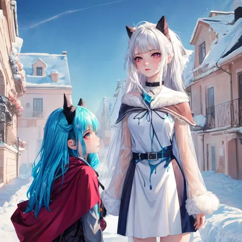 outside Pueblo Mansion in Bog, Cold and frosty Weather Peaceful sky at Late evening, 2girls, Mature Athletic Calico/Tricolor colored <lora:Kindred:0.65> kindred, lamb, fur, (slime race, liquid [dripping:0.35] skin:1.2), 
Short Chestnut Dradlock haircut,
jade eyes, Frustrated expression,
 wearing Light Cobalt Jumper dress with Cape, Offensive stance, Sci-Fi Theme, Cubist Style, Split-Complementary color guide, Over-the-Shoulder Shot, by Cyril Rolando, (best quality, highres, 4k, 8k, uhd, highly detailed, sharp, masterpiece, <lora:Add_Detail:0.7>)