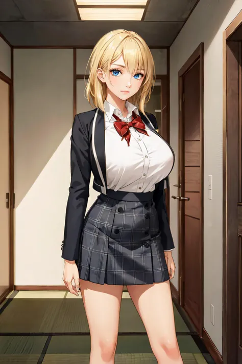(masterpiece, best quality, ultra detailed, absurdres)1.5, 1girl, (sexy, beautiful woman, perfect face, perfect eyes, perfect female body, huge breasts)1.5, (akari hanao, bowtie, white shirt, blazer, plaid skirt, black socks, loafers, <lora:akarihanao-nvwls-v1:0.8>), (standing, indoors, hallway, Japanese high school), perfect lighting, smooth, hdr