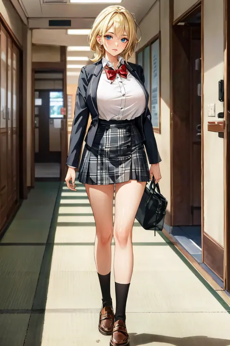 masuter piece, best qualtiy, ((realisitic)), 8K picture quality, 1girl in, extremely delicate and beautiful, magnifica, Official art with attention to detail, Ridiculous, unbelievable Ridiculous, (Put the head in the frame), huge filesize, ultra-detailliert, ighly detailed, (Pretty girl), (Petite and pretty girl), (Korean beauty), ((Perfect female figure)), large full breasts, Slim waist, big butts, blonde hair, ((shool uniform)), (((Up Skirt Lift))), (((pantyshot))), school ground
