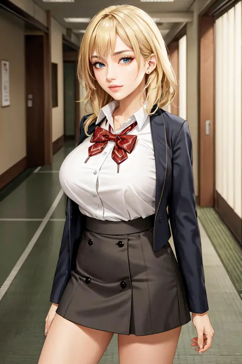 (masterpiece, best quality, ultra detailed, absurdres)1.5, 1girl, (sexy, beautiful woman, perfect face, perfect eyes, perfect female body, huge breasts)1.5, (akari hanao, bowtie, white shirt, blazer, plaid skirt, black socks, loafers, <lora:akarihanao-nvwls-v1:0.8>), (standing, indoors, hallway, Japanese high school), perfect lighting, smooth, hdr