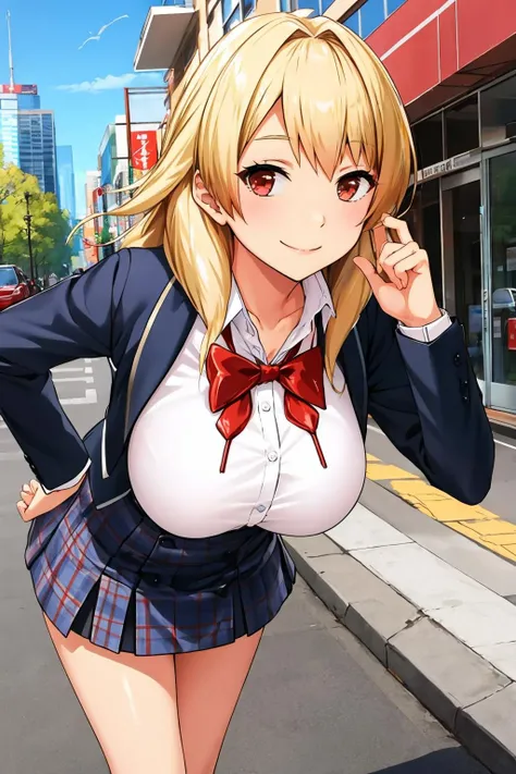 masterpiece, best quality, <lora:akarihanao-nvwls-v1-000008:0.9> akari hanao, red eyes, bowtie, white shirt, blazer, plaid skirt, leaning forward, smile, large breasts, city, street