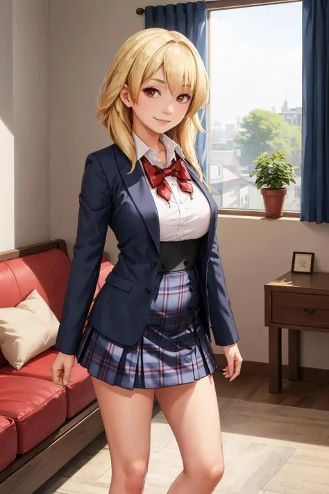 #Basics A girl is posing for a photo, animeのかわいい女の子, (((One Girl, Baby Face, 16 years old))), 
BREAK 

#Clothing Accessories 
((Navy blue with red trim)blazer + White collared shirt + (White check pattern on red)Pleated skirt + Red tie + Navy blue knee socks + Black Loafers), 
((Golden hoop earrings)), 
BREAK 

#Features 
(Blonde:1.4, Chest-length sideburns, Twin tails : Hair blowing in the wind + Short Hair + Curly hair + Red scrunchie), 
(Droopy eyes,blue eyes), (Small breasts), 
BREAK 

#expression 
(Embarrassing, blush), 
#background environment 
((noon + classroom:1.4 + Window + Sunshine)), 
#composition 
(Face the viewer:1.4, from below:1.4, Dynamic Pose, Cowboy Shot:1.4), 
BREAK 

#Body parts elements 
(Beautiful Hair,Shiny Hair), 
(double eyelid, Long eyelashes), 
(Expression of fine eyes, Beautiful and delicate eyes, Sparkling eyes, Eye Reflexes), 
(Human Ear), 
(Beautiful Nose, Thin Nose), 
(Glossy lips, Beautiful Lips, Thick lips), (Symmetrical facial features), 
(Detailed skin, Textured skin, Beautiful Skin), 
BREAK 

#Quality 
(((highest quality)), ((masterpiece)), ((Very detailed))), ((High resolution), (16k,1080p)), 
(Realistic), (Anatomically correct), 
((comics, anime)), (3DCG), CG illustration,
