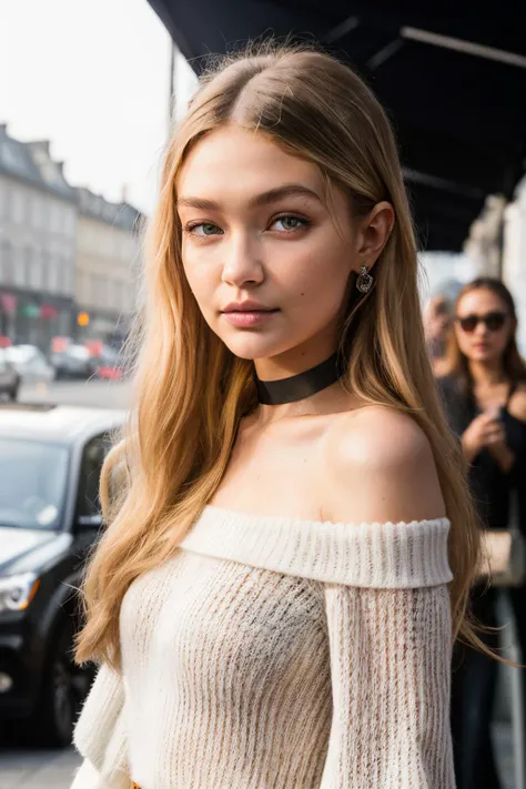 JoSkriver piercing eyes, looking straight, very happy,long hair, wearing an off-shoulder sweater, choker, closeup portrait, in a outdoor cafe in 2015, afternoon light, <lora:JoSkriver:0.9>
