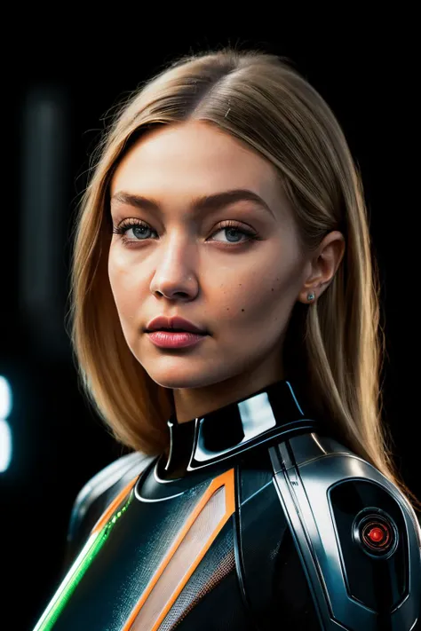 gigiHad1 , ((best quality)), ((masterpiece)), (detailed), Midjourney Style, close-up, woman, robot, red eyes, concept art, inspired by Marek Okon, digital art, Crysis Nanosuit, futuristic, (glowing elements:1.1), 4:3 aspect ratio, dynamic duo
