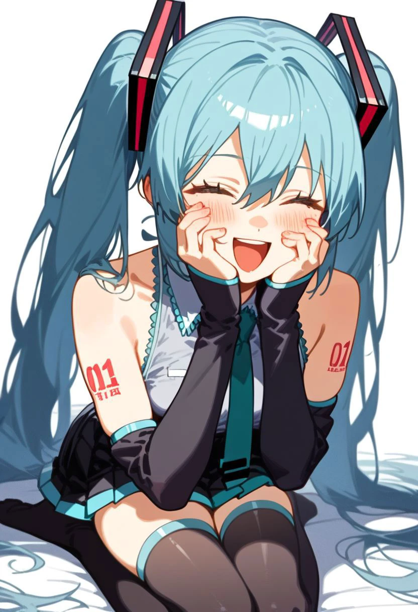 score_9,source_anime, <lora:naipV3:1>,
1girl, solo, hatsune_miku, long_hair, twintails, thighhighs, skirt, detached_sleeves, closed_eyes, necktie, white_background, open_mouth, floating_hair, shirt, smile, black_skirt, simple_background, grey_shirt, very_long_hair, black_thighhighs, tattoo, blush, sleeveless, hands_on_own_face, pleated_skirt, aqua_hair, bare_shoulders, happy, sleeveless_shirt, black_sleeves, feet_out_of_frame, hair_between_eyes, shoulder_tattoo, facing_viewer, hands_on_own_cheeks, :d, sitting, laughing, ^_^, zettai_ryouiki, hair_ornament, aqua_necktie.