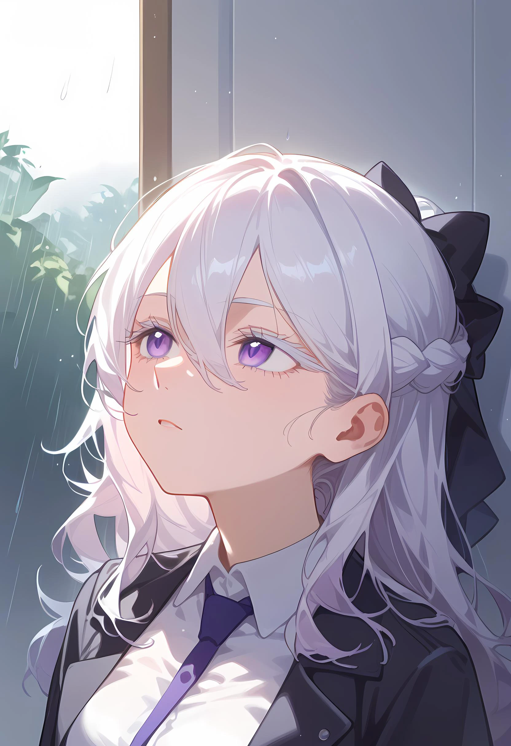 score_9, score_8_up, score_7_up, (source_anime:1), 1 girl, chest up, raining, from the side, looking up, emotionless, white hair, long hair, (french braid), hair between eyes, wavy hair, (white lashes:1.2), purple eyes, detailed eyes, round pupils, black pupils, long lashes, sharp lashes, medium breasts, <lora:naipV3:1.2>, white shirt, collared shirt, black raincoat, soft light, soft shadows, cinematic, masterpiece, very aesthetic, newest, absurdes,