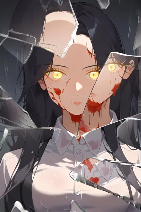 score_9, score_8_up, score_7_up, source_anime:1, 1 girl, (mature female:1.2), upper body, in the rain, from the front, looking at viewer, black hair, long hair, forehead, yellow eyes, glowing eyes, long lashes, sharp lashes, medium breasts, white shirt, collared shirt, black tactical sling, soft light, soft shadows, <lora:naipV3:1.2>, <lora:BreakingGlassXLPDCAME:1>, IncrsXLBrknGls, broken glass, reflection, blood on face, blood on clothing,