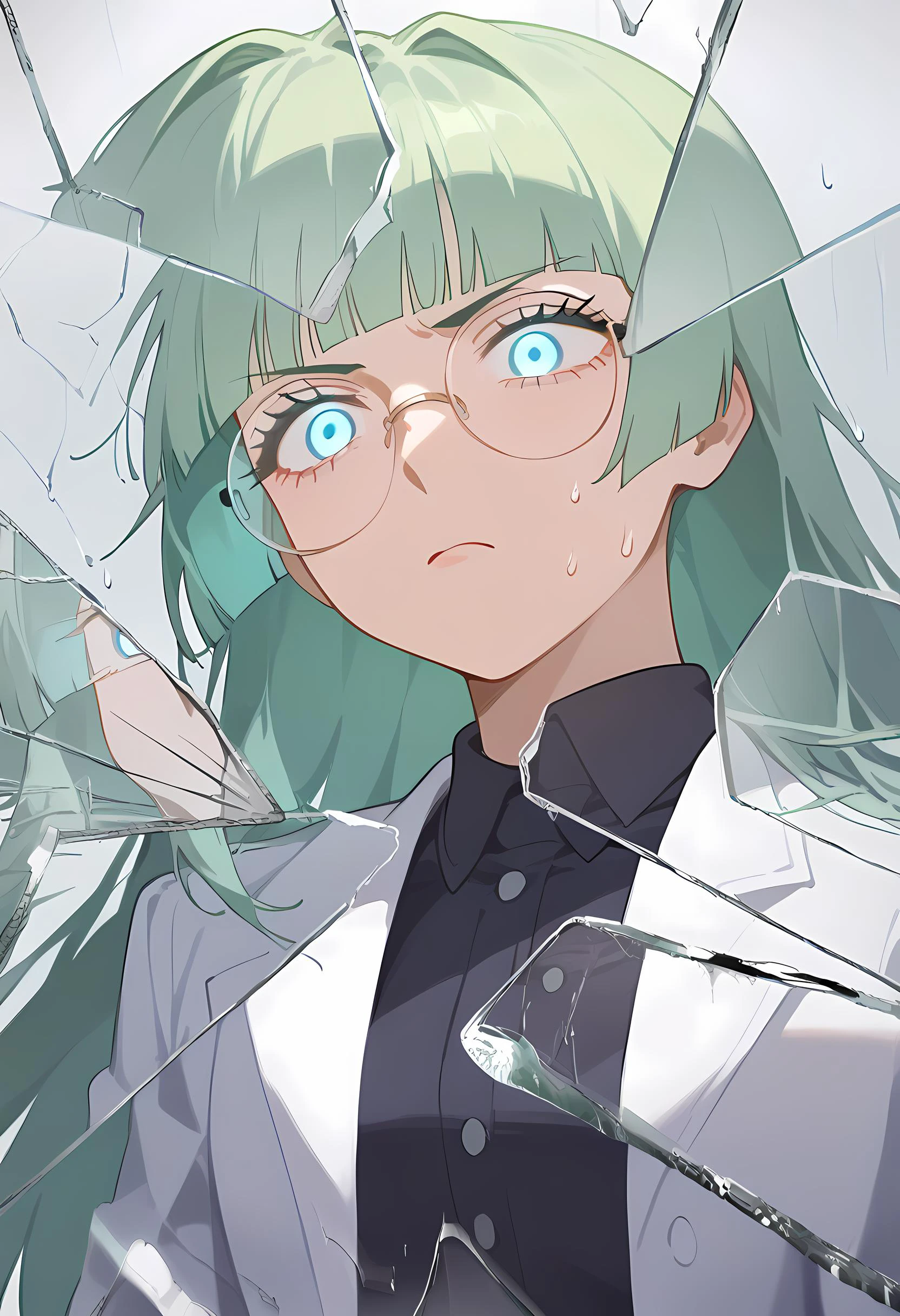 score_9, score_8_up, score_7_up, source_anime:1, 1 girl, (mature female:1.2), upper body, (in the rain), angry, infuriated, enraged, raging, (looking down), (from below), glowing eyes, long lashes, sharp lashes, black shirt, collared shirt, (white lab coat), soft light, soft shadows, <lora:naipV3:1.2>, <lora:BreakingGlassXLPDCAME:0.8>, IncrsXLBrknGls, broken glass, reflection, green hair, long hair, uneven bangs, hime cut, cyan eyes, (round eyewear),