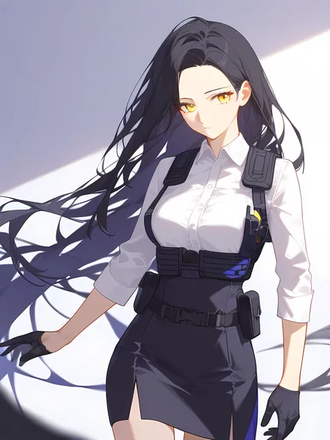 score_9, source_anime, 1girl, solo, cowboy shot, simple background, black hair, long hair, hair down, forehead, (beautiful yellow eyes: 1.3), white shirt, long folded sleeve, collared shirt, black pencil skirt, black tactical vest sling, black gloves, masterpiece, very aesthetic, newest, absurdres, blurry foreground, Film grain, (curvy:0.8), soft shadows, soft light, cinematic, <lora:naipV3:1.2>,