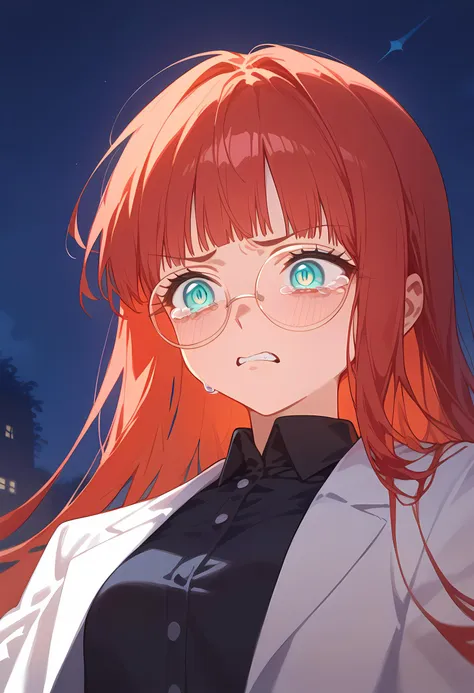 score_9, score_8_up, score_7_up, (source_anime:1), 1 girl, cowboy shot, from below, night, outdoor, looking at the ground, red hair, long hair, straight hair, hime cut, cyan eyes, round eyewear, crying, sobbing, teary, tear, crying, angry expression, detailed eyes, round pupils, black pupils, long lashes, sharp lashes, small breasts, <lora:naipV3:1.2>, black shirt, collared shirt, lab coat, masterpiece, very aesthetic, newest, absurdes,