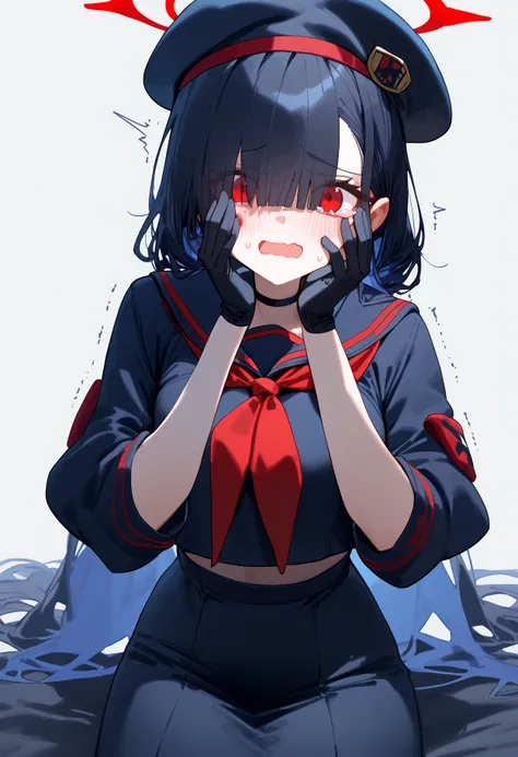 ciloranko, 1girl, justice task force member \(blue archive\), blue archive, beret, black gloves, black hair, black hat, black shirt, black skirt, blush, choker, eyes visible through hair, gloves, hair over eyes, hands on own cheeks, hands on own face, hat, long hair, looking at viewer, neckerchief, open mouth, red eyes, red neckerchief, sailor collar, shirt, simple background, sitting, skirt, solo, sweatdrop, tearing up, trembling, wavy mouth, white background, <lyco:nai_nai [359088]:0.8>  BREAK (score_9, score_8_up, score_7_up, score_6_up, score_5_up, score_4_up),from_anime,