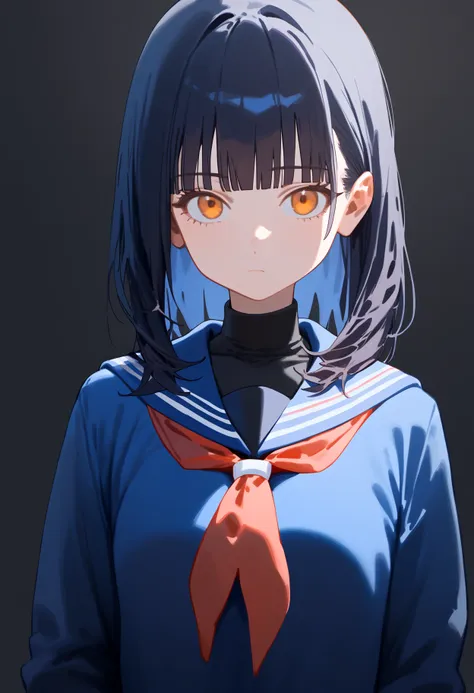 ciloranko, 1girl, arms at sides, backlighting, bangs, black background, black hair, black shirt, blue sailor collar, blue serafuku, blunt bangs, cardigan, closed mouth, dark background, expressionless, jacket, long hair, long sleeves, looking at viewer, medium hair, neckerchief, orange eyes, painterly, sailor collar, school uniform, serafuku, shirt, simple background, solo, straight-on, turtleneck, upper body, yellow eyes, <lyco:nai_nai [359088]:0.8>   BREAK (score_9, score_8_up, score_7_up, score_6_up, score_5_up, score_4_up),from_anime,