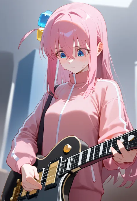 ciloranko, 1girl, gotou hitori, bocchi the rock!,  blue eyes, blurry, blurry background, blush, closed mouth, cube hair ornament, electric guitar, gibson les paul, guitar, hair between eyes, hair ornament, holding, holding instrument, indoors, instrument, jacket, long hair, long sleeves, looking down, music, one side up, pink hair, pink jacket, playing instrument, solo, sweat, track jacket, upper body, <lyco:nai_nai [359088]:0.8>  BREAK (score_9, score_8_up, score_7_up, score_6_up, score_5_up, score_4_up),from_anime,