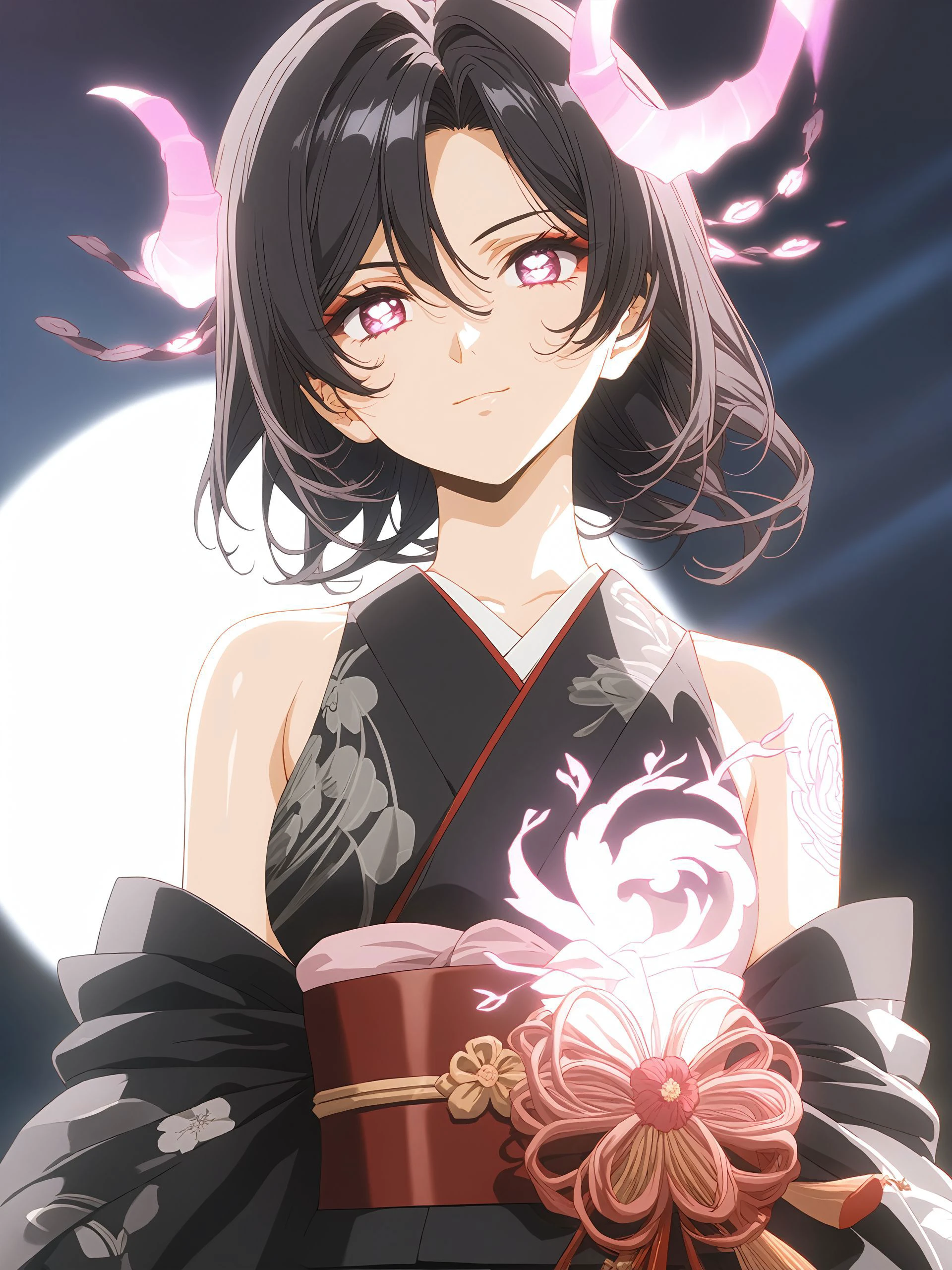 score_9,score_8_up,score_7_up,score_6_up,source_anime, <lora:Urushihara Satoshi_XL_V2:0.6>, shiny, shiny skin, <lora:naip:0.8>,
Japanese teenage girl, hutao from genshin impact, floral kimono, exposed shoulders, beautiful face, glowing eyes, white demon horns, long flowy black hair, cute smile, dark eyeshadow, glowing shoulders tattoos, glowing back tattoos, floral decoration in hair, night time, shinning moon, lit by moonlight, ambient lighting,
,<lora:add-detail-xl:1>, japanese, ultra detailed, serious, best quality, amazing quality, very aesthetic, absurdres, masterpiece, best quality,spotlight,masterpiece, best quality, high quality, highres, absurdres, caustics, offcial art, anime screencap,