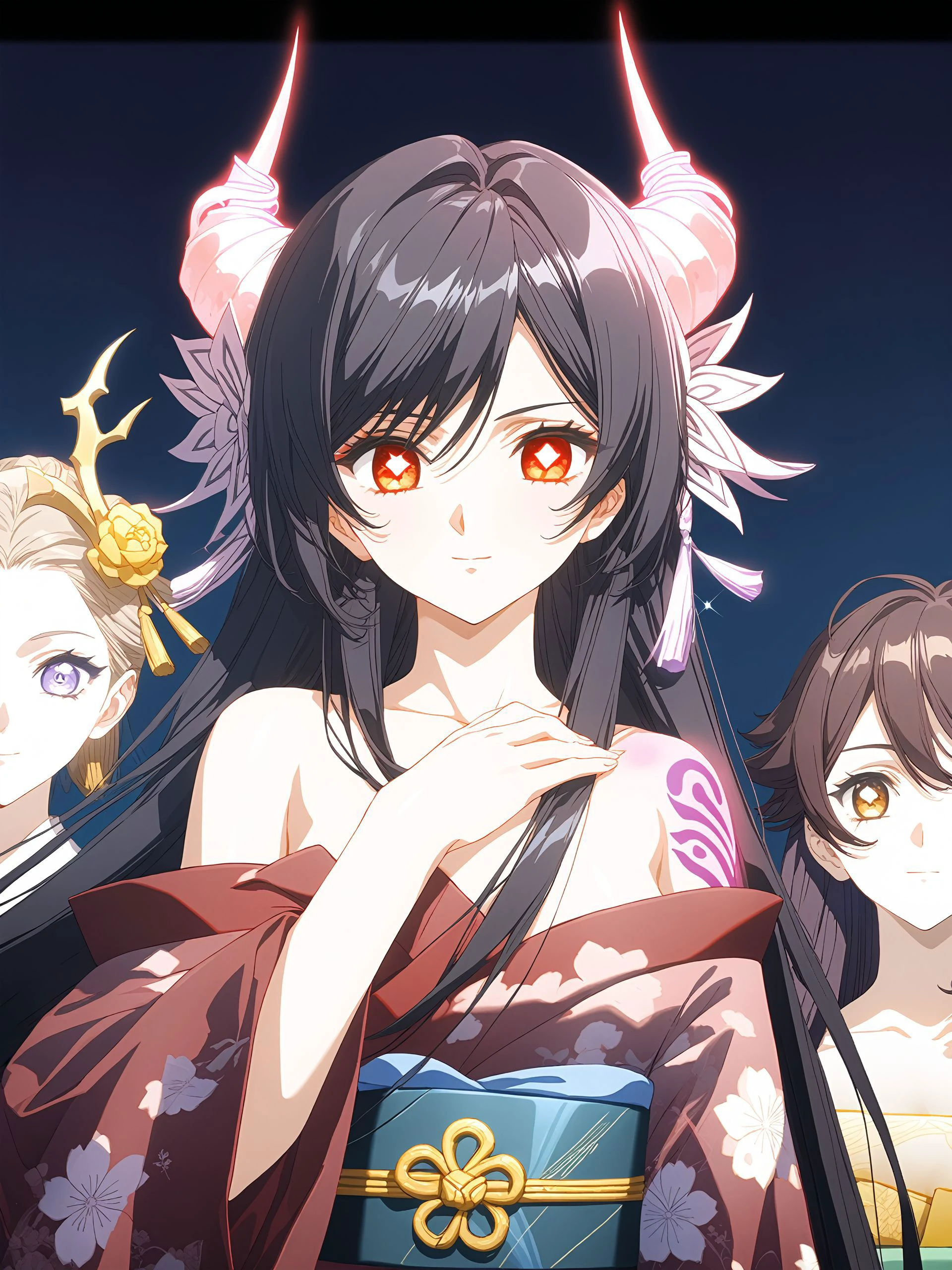 score_9,score_8_up,score_7_up,score_6_up,source_anime, <lora:Urushihara Satoshi_XL_V2:0.6>, shiny, shiny skin, <lora:naip:0.8>,
Japanese teenage girl, hutao from genshin impact, floral kimono, exposed shoulders, beautiful face, glowing eyes, white demon horns, long flowy black hair, cute smile, dark eyeshadow, glowing shoulders tattoos, glowing back tattoos, floral decoration in hair, night time, shinning moon, lit by moonlight, ambient lighting,
,<lora:add-detail-xl:1>, japanese, ultra detailed, serious, best quality, amazing quality, very aesthetic, absurdres, masterpiece, best quality,spotlight,masterpiece, best quality, high quality, highres, absurdres, caustics, offcial art, anime screencap,