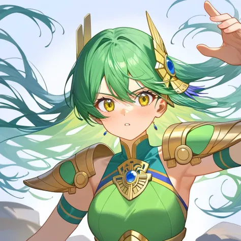 score_9,source_anime,1girl,solo,simple background,masterpiece,very aesthetic, 
feh_seoreh_pnxl , cinematic lighting, beautiful hair, beautiful eyes, beautiful skin, upper body,
a girl of 21yo, hair ornament, shoulder length hair, green hair, green armor,  green thighhigh,
battling, running, flying, handing sword, in wild, rocks,