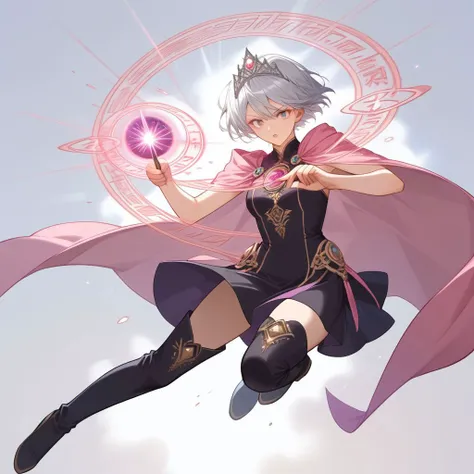 score_9,source_anime,1girl,solo,simple background,masterpiece,very aesthetic, 
feh_seoreh_pnxl , cinematic lighting, beautiful hair, beautiful eyes, beautiful skin, fully body,
a girl of 21yo, tiara , short hair,  silver hair, pale-pink cape, black dress, black boots, black thighhigh boots, 
battling, magic spell, spelling magic, magic circle, handing wand , magic wand , running , flying,