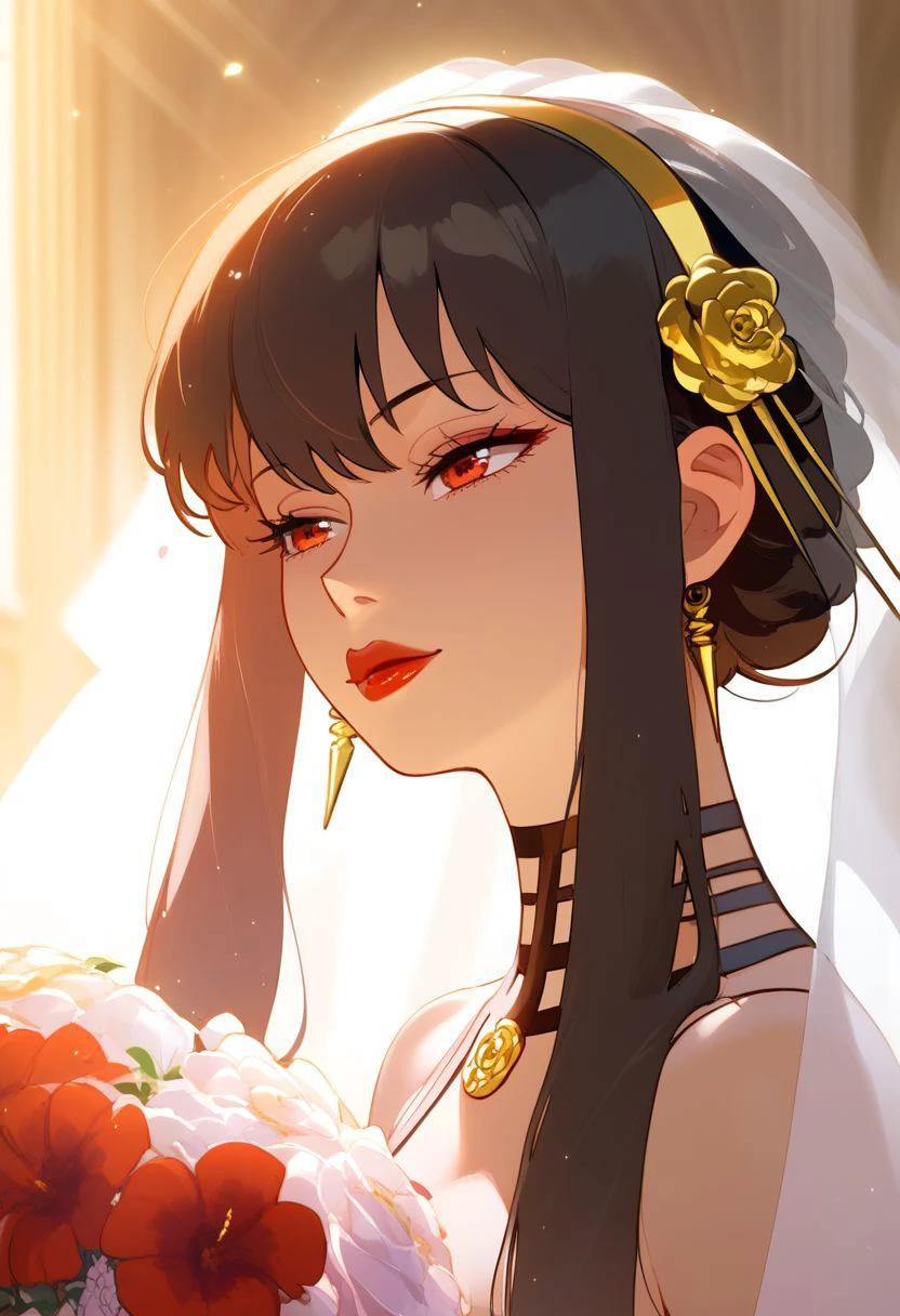 score_9, score_8_up, score_7_up, score_6_up, gold hair band, score_5_up, score_4_up, solo, eyeliner, eyeshadow, makeup, red lips, Yor Briar, red eyes,short hair, long side locks, black hair, bride, holding flowers, bare sholders, god rays, absurdes, golden hour, intricate white dress, golden jewelry, grand cathedral, by nora higuma, takeda hiromitsu style,high-detailed,4k