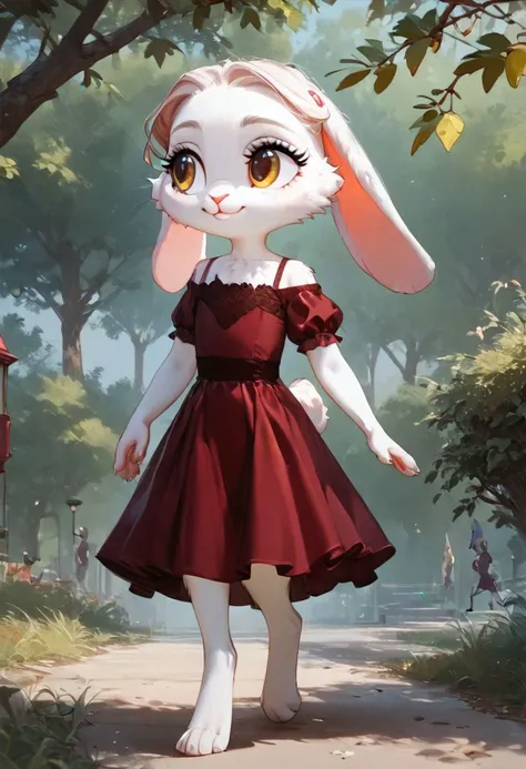 score_9, score_8_up, score_7_up, score_6_up, (source_furry:1.3), face closeup bust portrait, cinematic lighting tree leaves shadows, (furry anthro female rabbit), (white fur), (mini skinny short stack:1.2), (chibi:1.1), (cute face), digitigrade, gentle face, (skinny slim:0.6), long hair, long eyelashes, claws, (flat chest:1.2), (smile:1.1), (head turned, sideways glance, looking away:1.3), (wearing burgundy dress:1.5), (walking:1.3), (in a lush park, in grass, behind a tree:1.3), detailed background sidewalk street pedestrian:1.3)