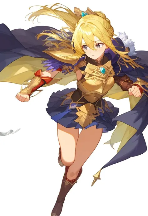 score_9,source_anime,1girl,solo,simple background,masterpiece,very aesthetic, 
feh_seoreh_pnxl , cinematic lighting, beautiful hair, beautiful eyes, beautiful skin, fully body,
a girl of 21yo, hair ornament, long hair, blonde hair, low tied hair, bangs between eyes, French braid, gray eyes, jewel eyes, 
dark blue cape, dark blue dress, leotard dress, pleated skirt, mini skirt, frill,  brown thighhigh boots, 
battling, running, flying, armor, bow , archer,