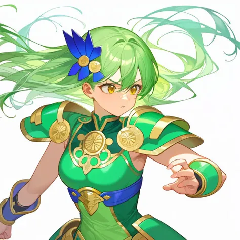 score_9,source_anime,1girl,solo,simple background,masterpiece,very aesthetic, 
feh_seoreh_pnxl , cinematic lighting, beautiful hair, beautiful eyes, beautiful skin, upper body,
a girl of 21yo, hair ornament, shoulder length hair, green hair, green armor,  green thighhigh,
battling, running, flying, handing sword, in wild, rocks,