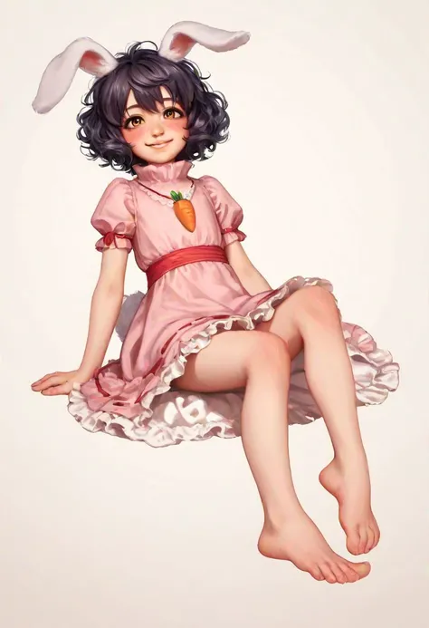 score_9, score_8_up, score_7_up, semi-realistic, 1girl, inaba tewi, skinny, huge round rabbit ears, fluffy babbit ears, rabbit tail , red brown eyes, carrot necklace, flat chested, wavy hair, short black hair, messy hair, pink Turtleneck dress, red ribbon-trimmed_dress,puffy collar, red ribbon tied on leg, smile, blush, barefoot, feet,soles, sitting