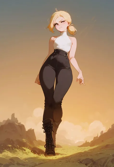 score_9, score_8_up, score_7_up, shiny skin, imponent woman, disgusted face, freckles:1, large hair, (small ponytail), blonde hair, gradient hair, athletic body, wearing a white sleeveless and black pants, (sunshine background, Japan Tokyo in the distance, top of a hill, side of a hill, cliffside), small teardrop breasts, thin waist, full body, thin thighs, black boots, black eyes
