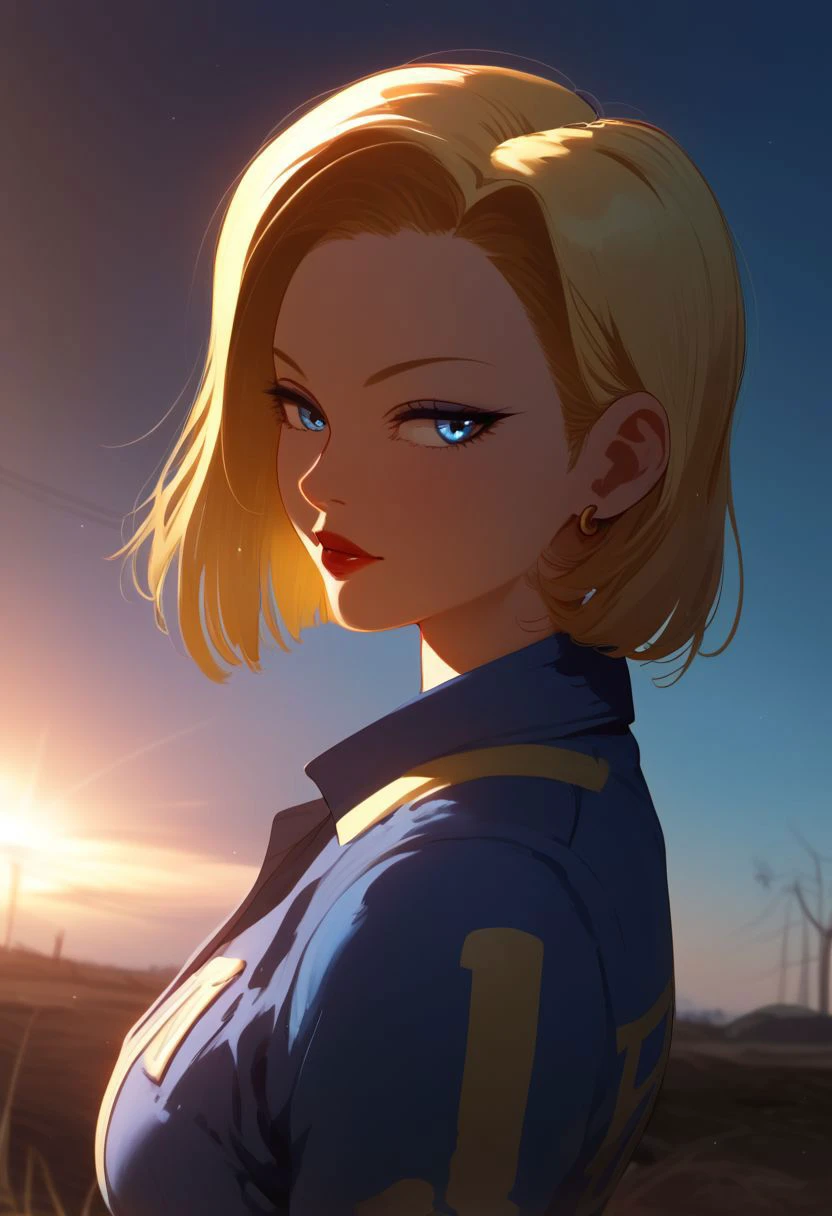 score_9, score_8_up, score_7_up, score_6_up, gold hair band, score_5_up, score_4_up, solo, eyeliner, eyeshadow, makeup, red lips, Android 18, , blue eyes, short hair, blonde hair, fallout vault costume, holding plasma pistol, cowboy shot, wasteland background, god rays, absurdes, golden hour, golden jewelry, by nora higuma, takeda hiromitsu style,high-detailed,4k