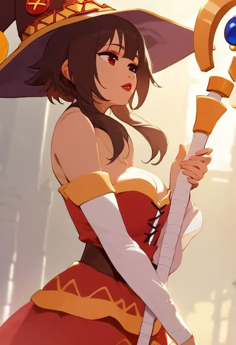 score_9, score_8_up, score_7_up, score_6_up, gold hair band, score_5_up, score_4_up, solo, eyeliner, eyeshadow, makeup, red lips, megumin_(konosuba), red eyes, short hair, brown hair,hat,long side locks,leans over, holding staff, bare sholders, god rays, absurdes, golden hour, dress, round breasts, breasts together, cleavage,golden jewelry, grand cathedral, by nora higuma,high-detailed,4k,anime