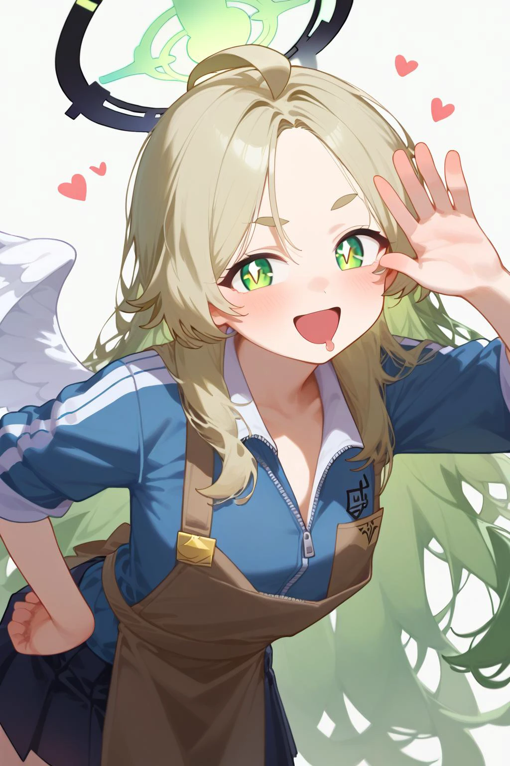 1girl,
score_9, score_8_up, score_7_up, from_anime, long hair, smile, blush, hand up, light brown background, ahoge, wavy hair, unbuttoned jacket, simple background, dot nose, looking at viewer, heart-shaped pupils, sleeves rolled up, skirt, apron, miniskirt, chibi, angel's 24 uniform \(blue archive\), green eyes, very long hair, >:\), sparkling eyes, :d, hair between eyes, open mouth, mini wings, parted bangs, track jacket, waving, green hair, short eyebrows, heart, drooling, symbol-shaped pupils, black skirt, unbuttoned, solo, blue jacket, jacket, brown apron, halo, one side up, angel wings, wings, thick eyebrows, cowboy shot, forehead, furrowed brow, long sleeves, hand on own hip, leaning forward, white background, v-shaped eyebrows, pleated skirt, mouth drool