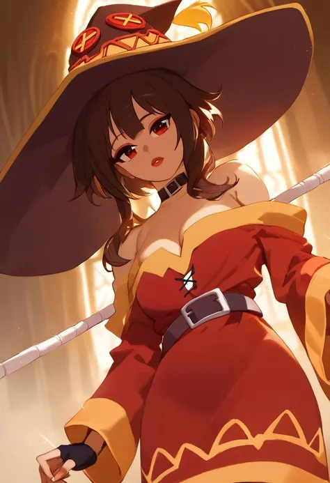 score_9, score_8_up, score_7_up, score_6_up, gold hair band, score_5_up, score_4_up, solo, eyeliner, eyeshadow, makeup, red lips, megumin_(konosuba), red eyes, short hair, brown hair,hat,long side locks, holding staff, bare sholders, god rays, absurdes, golden hour, dress, round breasts, breasts together, cleavage,golden jewelry, grand cathedral, by nora higuma,high-detailed,4k,anime