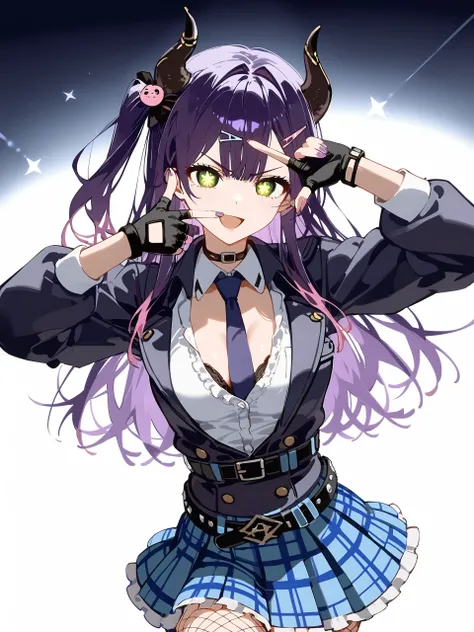 score_9,score_8_up,score_7_up,score_6_up,source_anime, <lora:OldAnimeStyle_XL_v3:0.5>, shiny, shiny skin, <lora:naipony2:0.8>, <lora:finger_frame_xlpony_240406:1>, finger frame
1girl, model podium, belt, black choker, black jacket, braid, breasts, choker, cleavage, collared shirt, demon horns, fake horns, fingerless gloves, fishnet thighhighs, fishnets, french braid, frilled shirt, frilled skirt, frills, garter straps, gloves, gradient hair, green eyes, gyaru v, hair ornament, hairclip, hand on own hip, horns, jacket, long hair, looking at viewer, loose belt, miniskirt, multicolored hair, necktie, one side up, open mouth, outstretched arm, plaid, plaid skirt, pleated skirt, purple hair, purple nails, purple necktie, shirt, sketch, skirt, smile, solo, star (symbol), thighhighs, white shirt,
,<lora:add-detail-xl:1>, japanese, ultra detailed, serious, best quality, amazing quality, very aesthetic, absurdres, masterpiece, best quality,spotlight,masterpiece, best quality, high quality, highres, absurdres, caustics, offcial art, anime screencap,