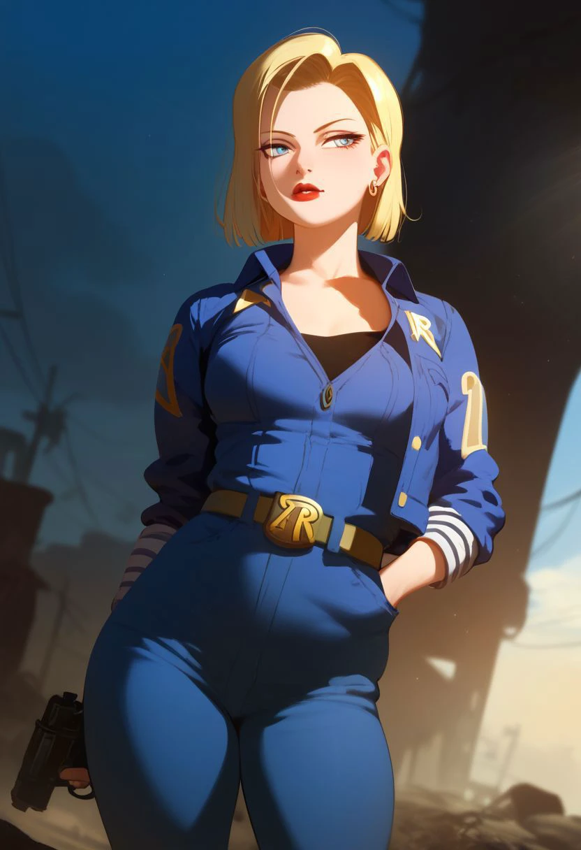 score_9, score_8_up, score_7_up, score_6_up, score_5_up, score_4_up, solo, eyeliner, eyeshadow, makeup, red lips, Android 18, , blue eyes, short hair, blonde hair, fallout vault costume, blue jumpsuit, holding plasma pistol, cowboy shot, wasteland background, god rays, absurdes, golden hour, golden jewelry, by nora higuma, takeda hiromitsu style,high-detailed,4k
