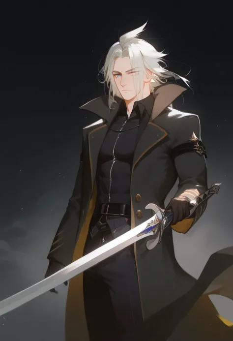 score_9, score_8_up,man,vergil,wearing ablack coat and wielding a silver sword,standing in a countryside