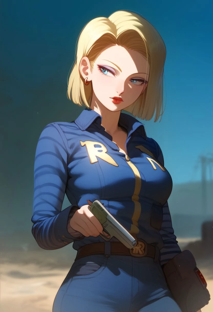 score_9, score_8_up, score_7_up, score_6_up, score_5_up, score_4_up, solo, eyeliner, eyeshadow, makeup, red lips, Android 18, , blue eyes, short hair, blonde hair, fallout vault costume, holding plasma pistol, cowboy shot, wasteland background, god rays, absurdes, golden hour, golden jewelry, by nora higuma, takeda hiromitsu style,high-detailed,4k