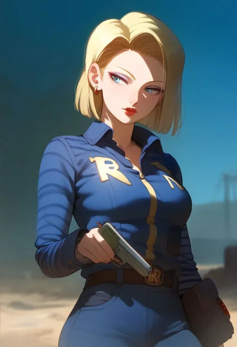 score_9, score_8_up, score_7_up, score_6_up, score_5_up, score_4_up, solo, eyeliner, eyeshadow, makeup, red lips, Android 18, , blue eyes, short hair, blonde hair, fallout vault costume, holding plasma pistol, cowboy shot, wasteland background, god rays, absurdes, golden hour, golden jewelry, by nora higuma, takeda hiromitsu style,high-detailed,4k
