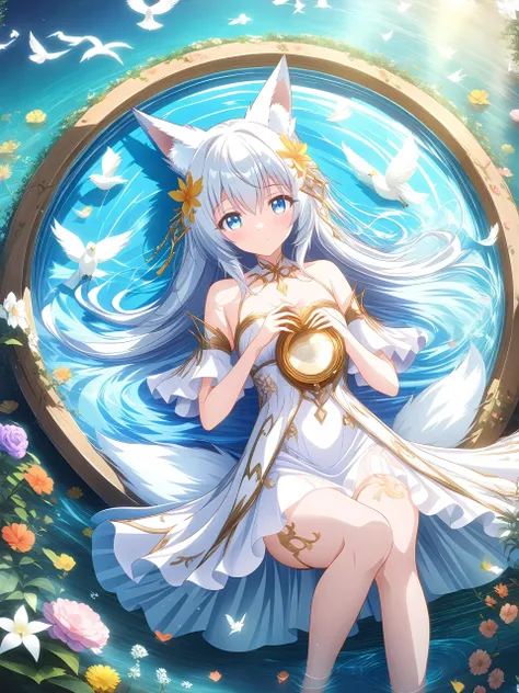 source_anime,source_explicit,score_9,score_8_up,score_7_up, (a whimsical perspective:1.2), a digital artwork portraying the enchanting view from above as the white-haired fox girl with captivating blue eyes lies in the center of the composition, resting gracefully on the surface of a serene lake, while being surrounded by white birds delicately carrying vibrant flowers in their beaks, (highly detailed:1.1), showcasing the intricate patterns on the fox girl's flowing hair and the delicate features of the birds, (magical ambiance:1.2), immersing the viewer in a world of whimsy and ethereal beauty, (fox-like tranquility:1.1), as the fox girl reclines with a serene and mesmerizing presence, (soft golden light:1.1), illuminating her porcelain skin and casting a gentle glow on the flowers and the shimmering lake below, (dynamic composition:1.1), capturing the captivating scene of the white-haired fox girl lying on the mirror-like lake, surrounded by the graceful presence of the white birds carrying flowers, inviting viewers to enter a whimsical realm where they can marvel at the breathtaking beauty from above, witnessing the harmonious connection between the fox girl, the birds, and the vibrant flowers, creating a moment of serene tranquility and ethereal wonder., <lora:add-detail-xl:1>, <lora:naipony2:0.8>, , masterpiece, best quality,spotlight,masterpiece, best quality, high quality, highres, absurdres, caustics, offcial art, anime screencap,