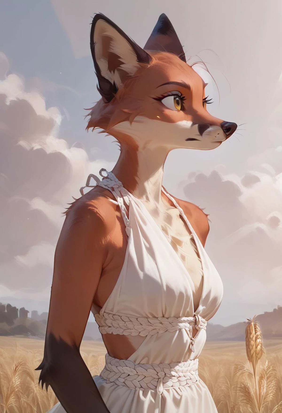 score_9, score_8_up, score_8, score_9, solo, upper body, side view, anthro, furry, (fox, vixen), girl, walking through wheat field like scene from Gladiator movie, hand on wheat, wearing hud_grcian_gdss, bare shoulders, white deep V neck long dress, white rope belt, fluffy fur, tuft. (athletic:1.4), volumetric lighting, cinematic lighting, (bashful:1.5), (Wheat Fields:1.3), small village in a distance, outside, cloudy, light rain,