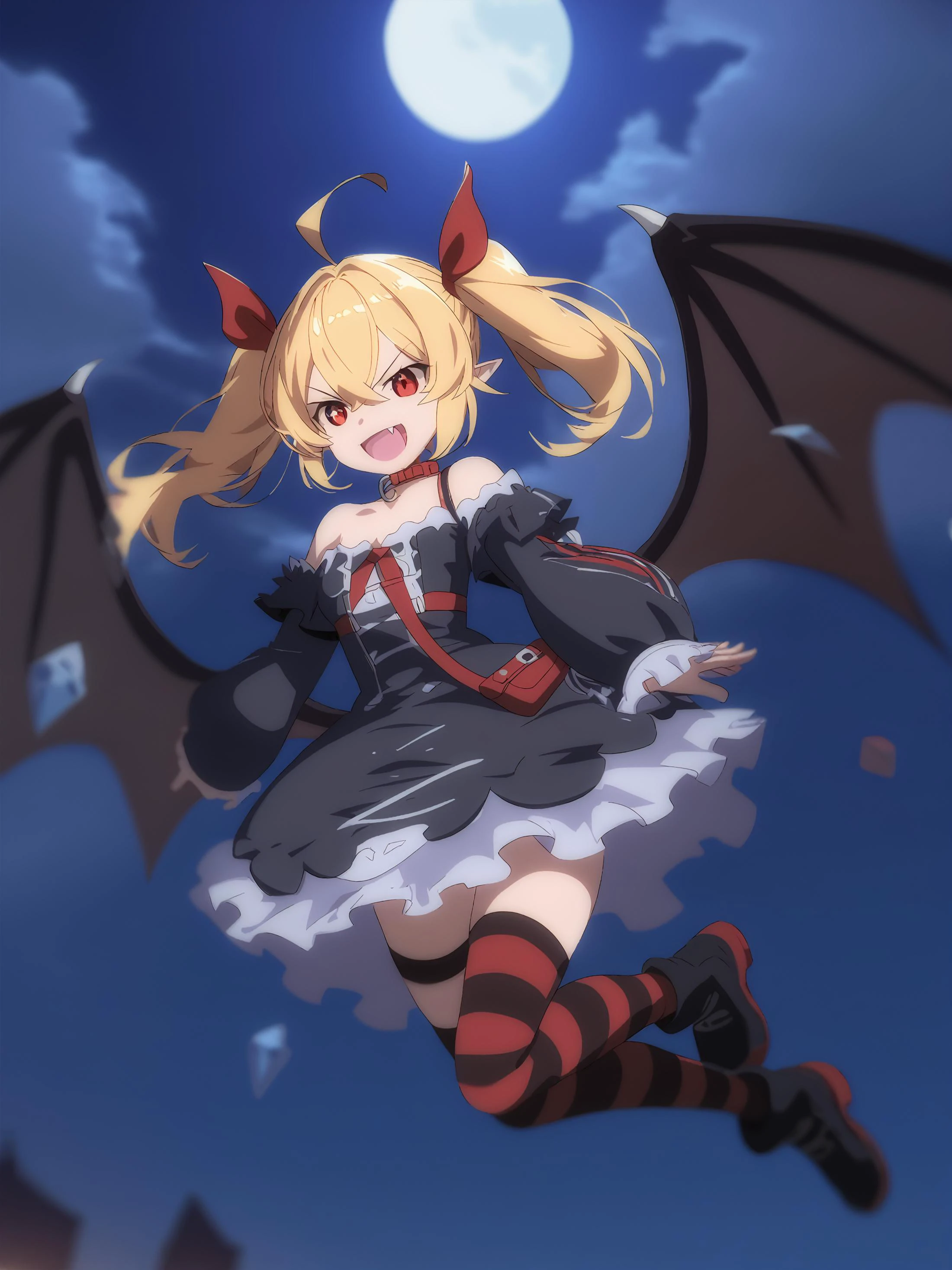 score_9,score_8_up,score_7_up,score_6_up,source_anime, shiny, shiny skin, <lora:naip:0.8>, theobrobineXL, <lora:Theobrobine_StyleXL370:0.8>, anime coloring, pixiv, <lora:tgm-xl-a3.1:1>, The other one is outside the frame, single hand heart,
1girl, moon, virtual_youtuber, thighhighs, striped, red_eyes, wings, striped_legwear, solo, ahoge, bat, pointy_ears, full_moon, sleeves_past_wrists, open_mouth, night, twintails, red_wings, sleeves_past_fingers, dress, multicolored_hair, smile, sky, black_dress, outdoors, demon_wings, fangs, streaked_hair, off_shoulder, black_footwear, crystal, cloud, looking_at_viewer, long_sleeves, building, shoes, collar, vampire, red_hair, night_sky, sidelocks, bangs, hair_between_eyes, city, flying, red_collar, bare_shoulders, collarbone, full_body, fang, blurry, blonde_hair, cloudy_sky, button_badge, bag, :d, long_hair, red_bag, choker, depth_of_field, boots, short_dress,
, japanese, ultra detailed, serious, best quality, amazing quality, very aesthetic, absurdres, masterpiece, best quality,spotlight,masterpiece, best quality, high quality, highres, absurdres, caustics, offcial art, anime screencap,