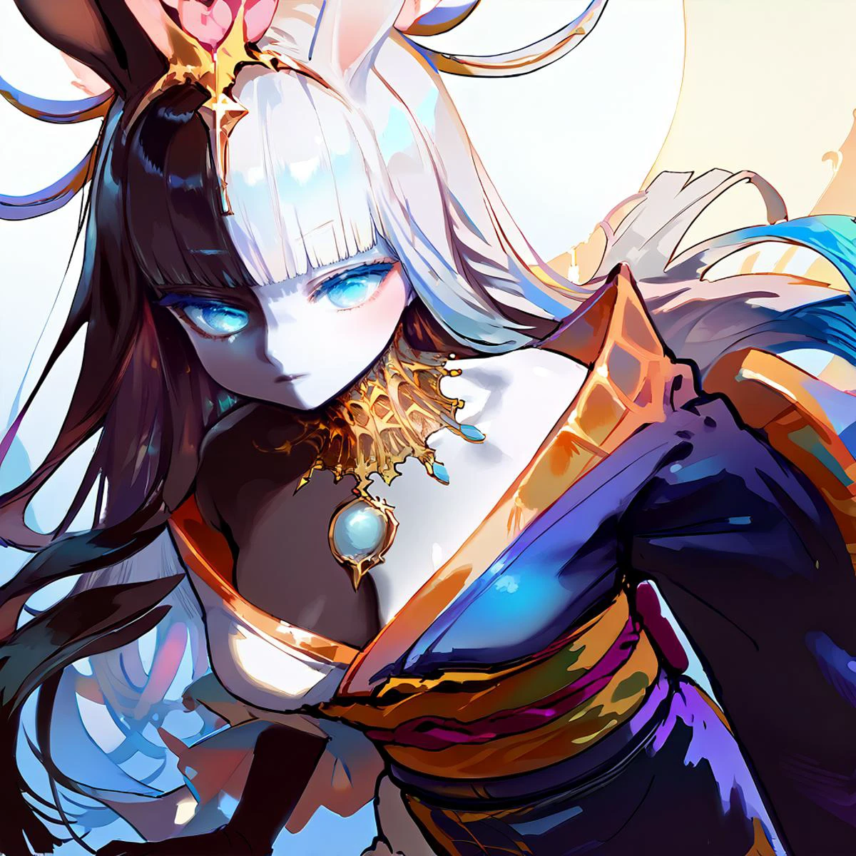 score_9,score_8_up,score_7_up,score_6_up,score_5_up,score_4_up,1girl,solo,source_anime,rating_explicit,<lora:OH4XLP6lokrV4312:0.7>,<lora:Asanagi-Style-PonyXL-Final:0.7>,<lora:naipony:0.7>,dynamic_angle,<lora:TsukuyomiDwnsty:1>,tsukuyomiffxiv,crescent,two-tone skin,colored skin,multicolored skin,white skin,black skin,blue eyes,straight hair,split-color hair,blunt bangs,tiara,jewelry,kimono,cleavage,