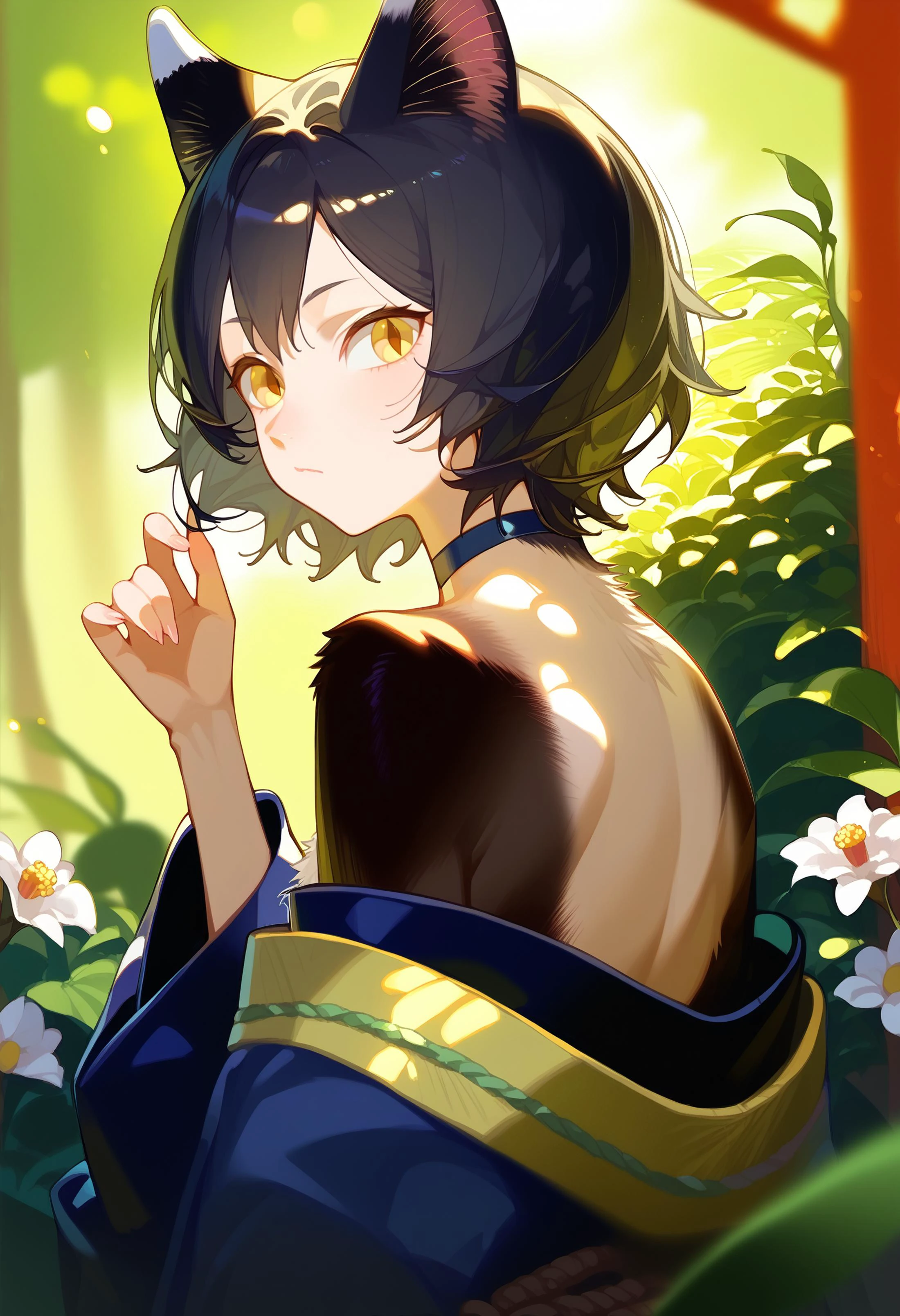 score_9,score_8_up,score_7_up,score_6_up, source_anime,
izutsumi, 1girl, animal ears, solo, cat ears, cat tail, black hair, short hair, yellow eyes, hand up, body fur, flower, choker, fingernails, blurry, dungeon meshi, white flower, closed mouth, furry, dappled sunlight, long sleeves, collarbone, japanese clothes, depth of field, cat girl, sunlight, kimono, leaf, nape,
claws, off shoulder,
from behind, looking back,
upper body,
outdoors, stream, nature, scenery,
masterpiece, best quality, very aesthetic, absurdres
<lora:dungeon_meshi_collection_v23:1>
<lora:cat_girl_pony_v21:0.4>
<lora:naip33:1>