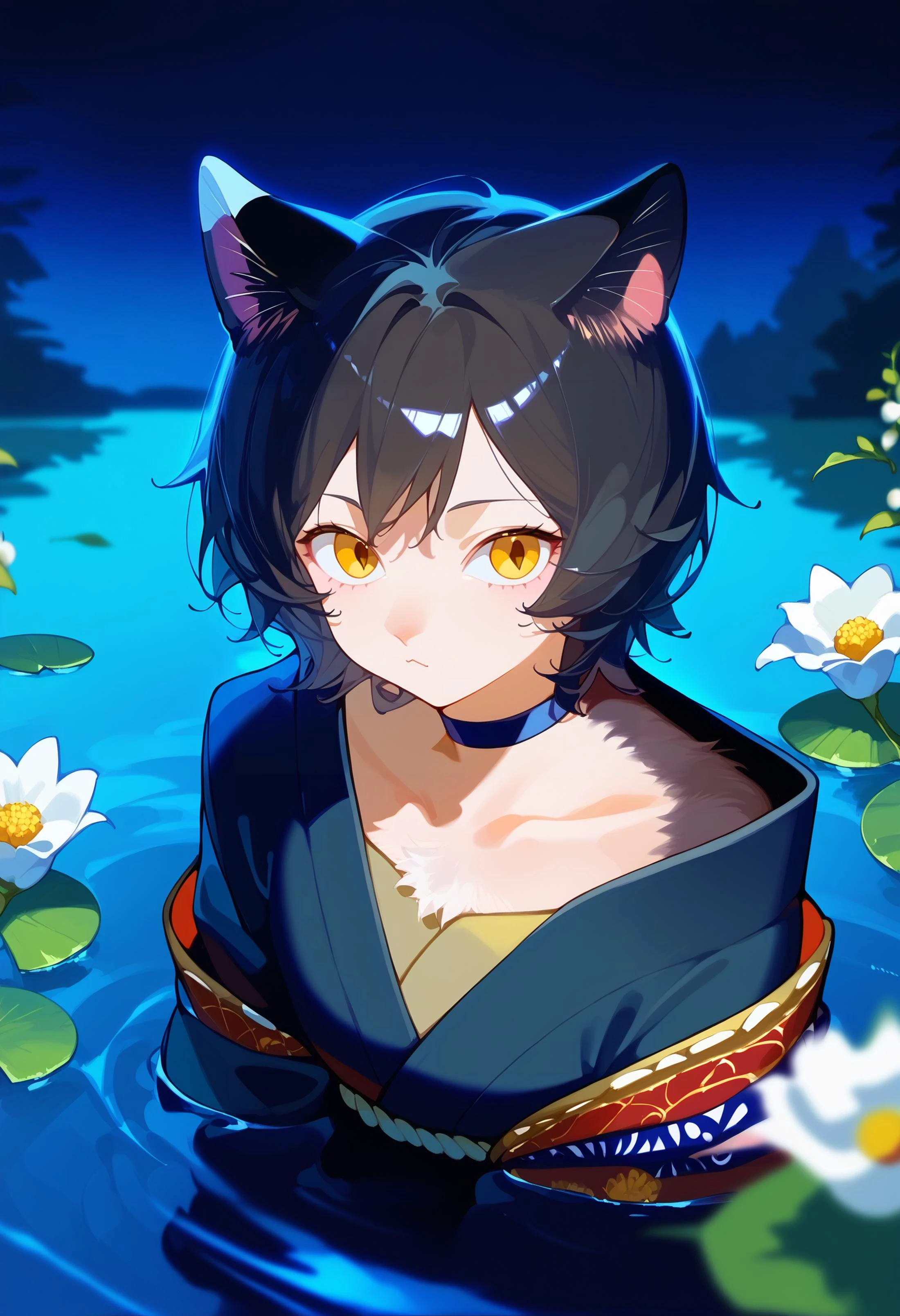 score_9,score_8_up,score_7_up,score_6_up, source_anime,
izutsumi, 1girl, animal ears, solo, cat ears, cat tail, black hair, short hair, yellow eyes, hand up, body fur, flower, choker, fingernails, blurry, dungeon meshi, white flower, closed mouth, furry, dappled moonlight, long sleeves, collarbone, japanese clothes, depth of field, cat girl, kimono, nape,
claws, off shoulder,
from above,
upper body,
outdoors, stream, nature, scenery, moonlight, night sky, kimono, leaf, nape, lake, partially submerged, reflective water,
masterpiece, best quality, very aesthetic, absurdres
<lora:dungeon_meshi_collection_v23:1>
<lora:cat_girl_pony_v21:0.4>
<lora:naip33:1>