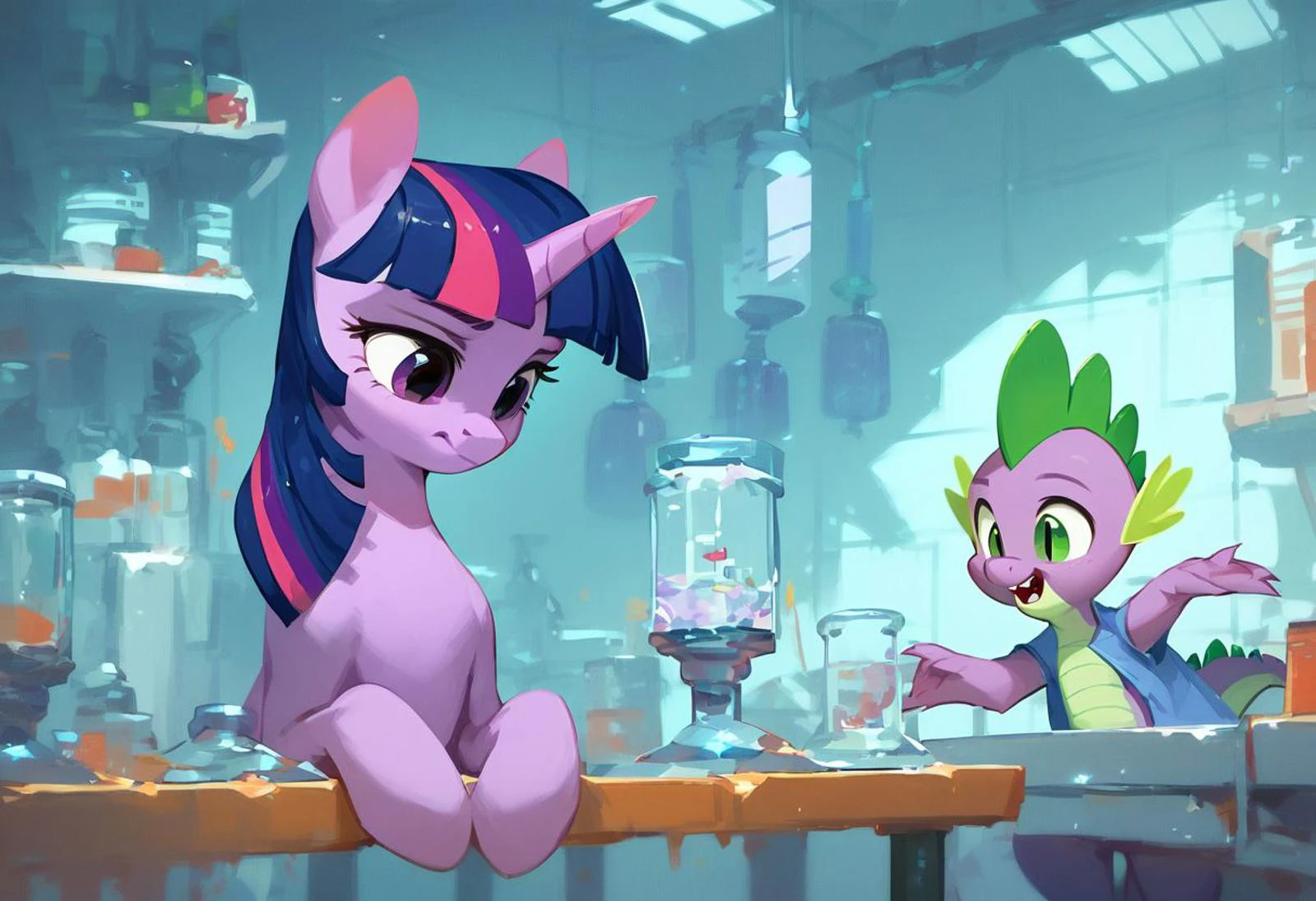 score_9, score_8_up, score_7_up, score_6_up, score_5_up, score_4_up,( flat colored: 1.2), dragon Spike, unicorn Twilight Sparkle, 2 characters, style 90, inside laboratory