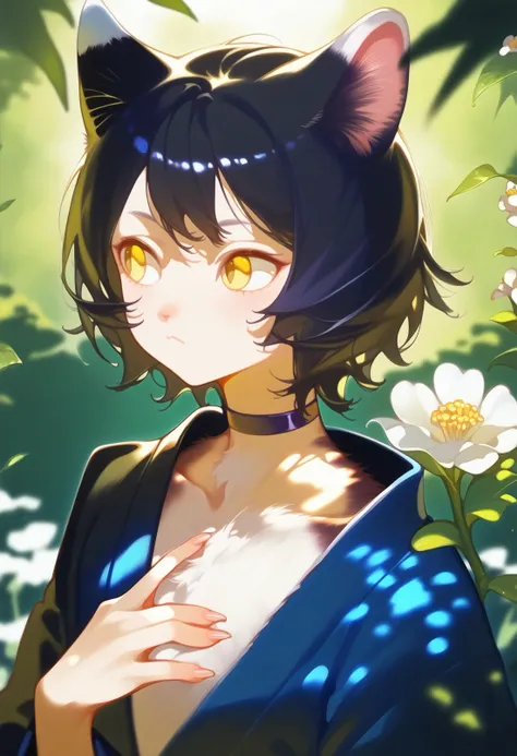score_9,score_8_up,score_7_up,score_6_up, source_anime,
izutsumi, 1girl, animal ears, solo, cat ears, black hair, short hair, yellow eyes, hand up, body fur, flower, upper body, choker, looking to the side, fingernails, blurry, dungeon meshi, white flower, closed mouth, furry, dappled sunlight, long sleeves, collarbone, japanese clothes, depth of field, cat girl, sunlight, kimono, leaf, claws, hand on own chest,
outdoors, stream, nature, scenery,
masterpiece, best quality, very aesthetic, absurdres
<lora:dungeon_meshi_collection_v23:1>
<lora:cat_girl_pony_v2:0.4>
<lora:naip33:1>